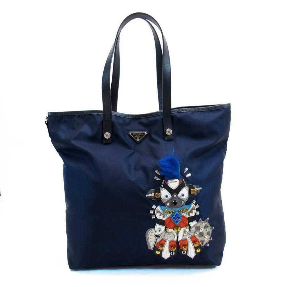 PRADA Robot Black Shoulder Bag Tote Navy Blue Leather Stones